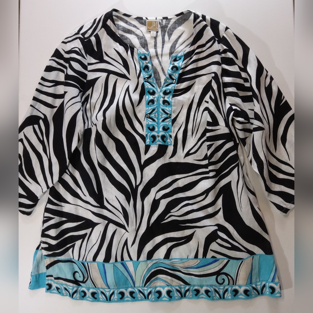 JM Collection Linen Top Womens 0X Black White Zebra Pattern Studded Neck Flowy